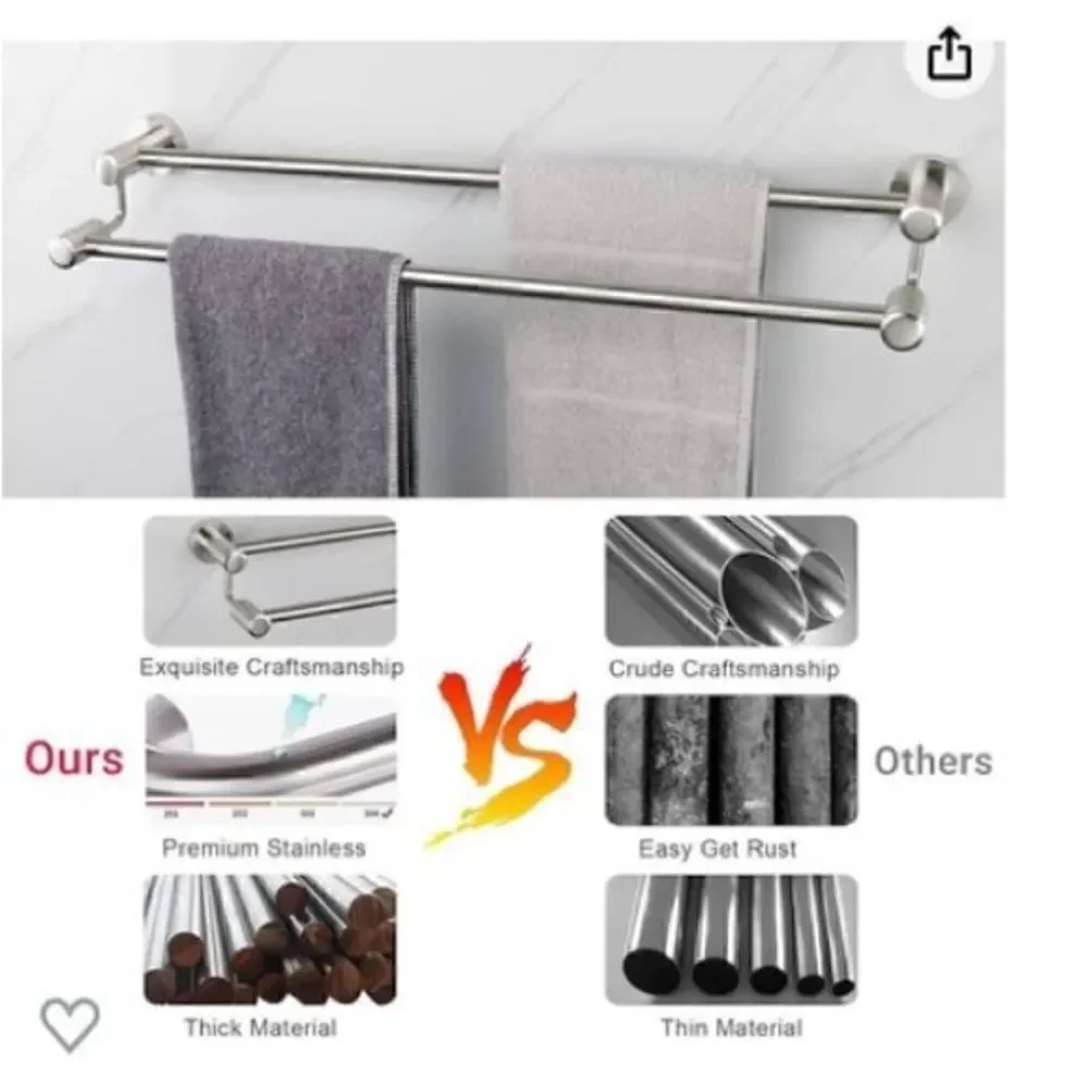*NEW*Set Of 2 TocTen Stainless Steel Thicken Wall Mounted Double Bath Towel Bar